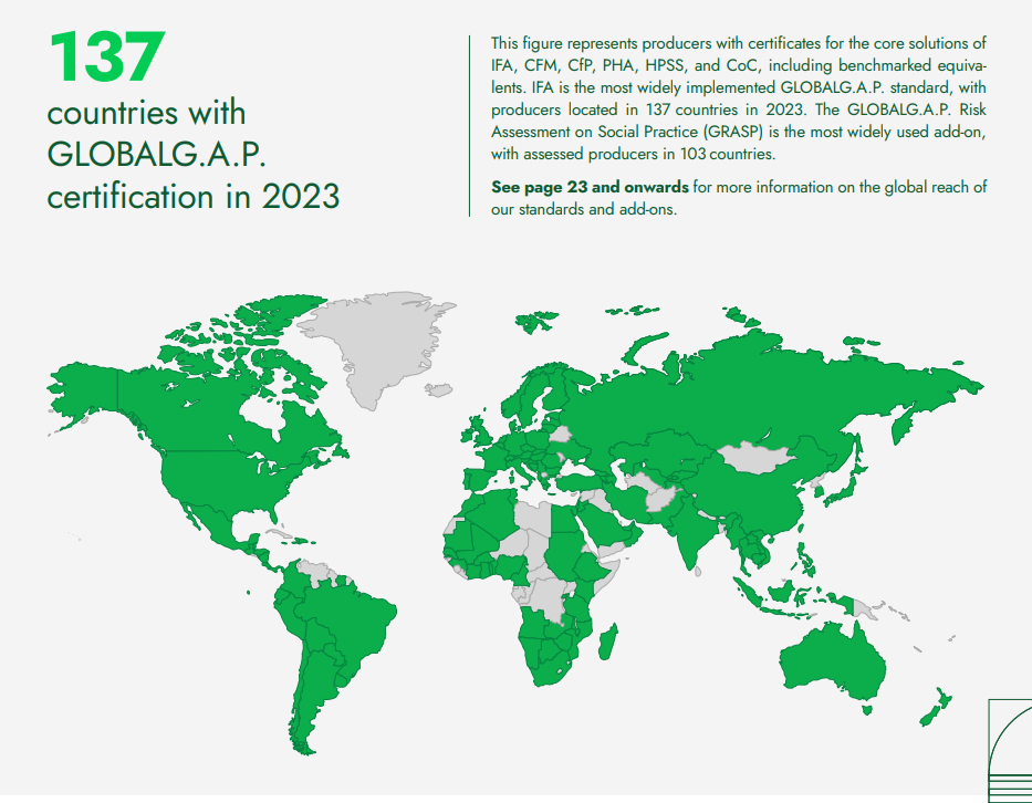 A screenshot of GLOBALG.A.P. annual report 2023 showing all the countries that recognize GLOBALG.A.P. standard on a world map